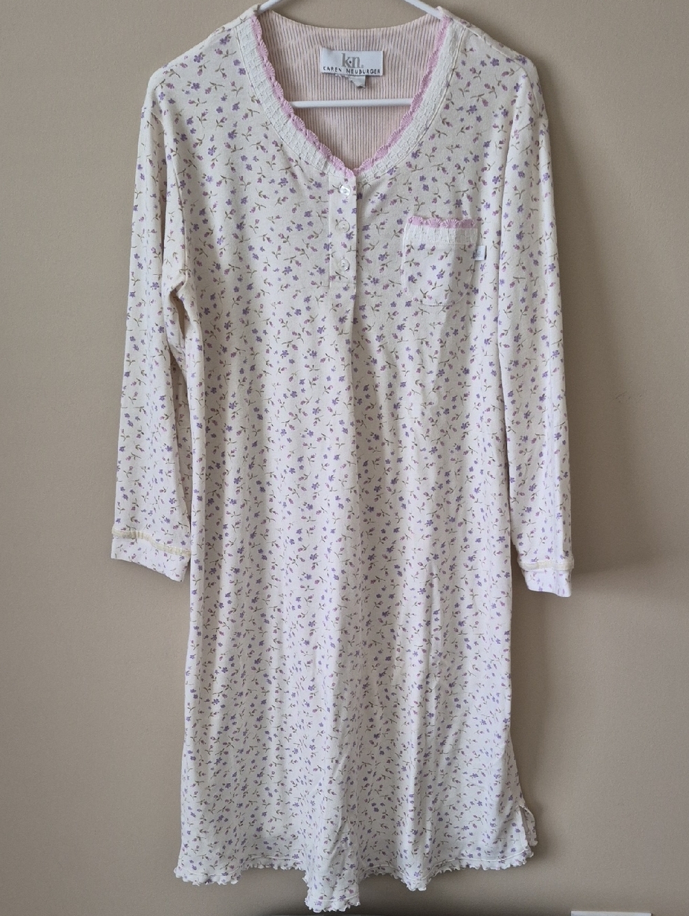 Karen Neuburger Cream Nightgown with Pink & Purple Floral Print, Size S
